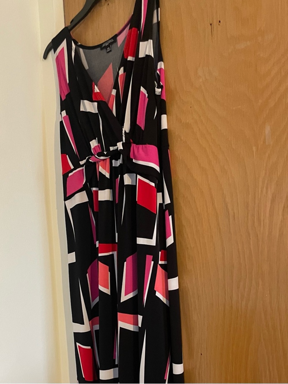 Sleeveless Black Maxi Dress with Pink & Red Geometric Print